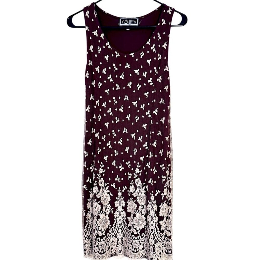 Vintage 90s Purple Stretch Mini Dress with Cream Lace Overlay – Made in France